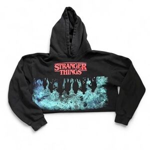 Stranger Things Black Cropped Hoodie with Teal Graphic